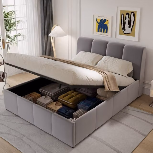 Cama Baltimore de CONCEPT USINE con canapé abatible, diseño estilo nube con iluminación LED y tapizado en terciopelo gris, An/P/Al: 190 x 140 x 90 cm