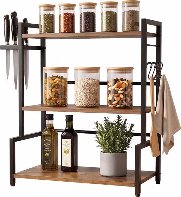 Estantería de cocina industrial Relaxdays de 3 niveles en marrón y negro, An/P/Al: 51 x 43 x 20 cm