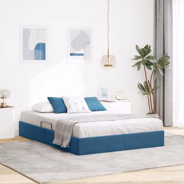 Estructura de cama ottoman Maison Exclusive en terciopelo azul con base abatible, An/P/Al: 140 x 200 x 28 cm
