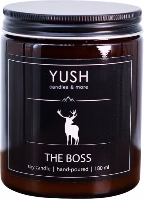 Vela de soja The Boss de Yush con aroma a geranio, canela, clavo y cítricos, 180 ml