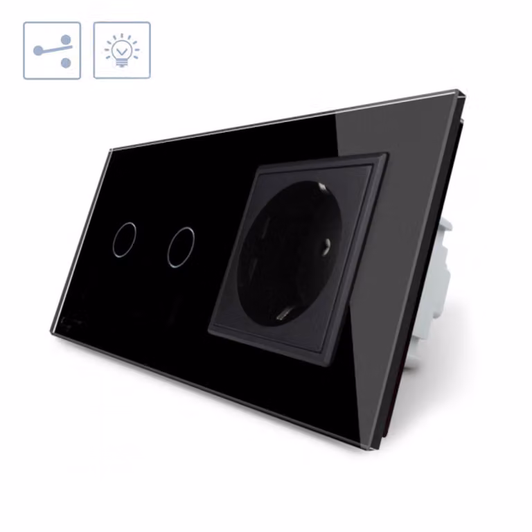 Conmutador táctil Livolo con 2 botones y 1 enchufe, frontal de cristal negro y acabado minimalista