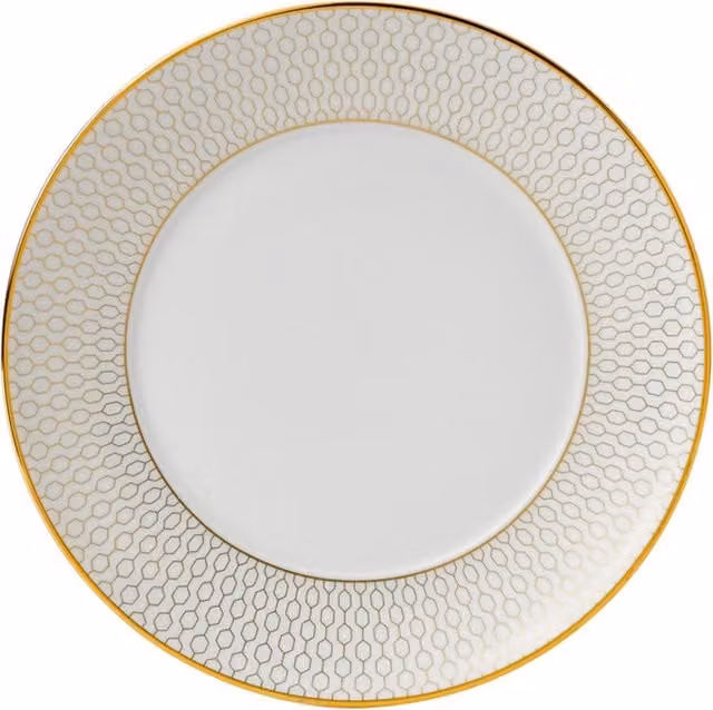 Plato hondo de pasta Wedgwood en bone china blanco y dorado con diseño geométrico