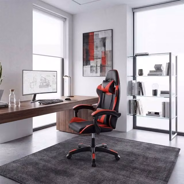 Silla gaming reclinable y con altura ajustable Duehome en negro y rojo con reposacabezas y reposabrazos