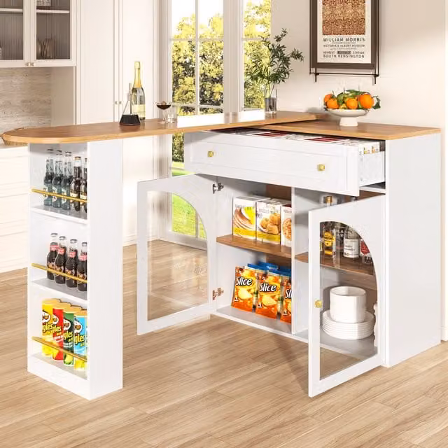 Mesa bar extensible MODENVIE con estante lateral de 3 niveles, superficie giratoria y puertas de vidrio, color blanco, An/P/Al: 138-204 x 39 x 104 cm