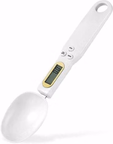 Báscula de cuchara digital MIMIY en blanco con pantalla LCD para cocina, capacidad de 500 g y precisión de 0,1 g