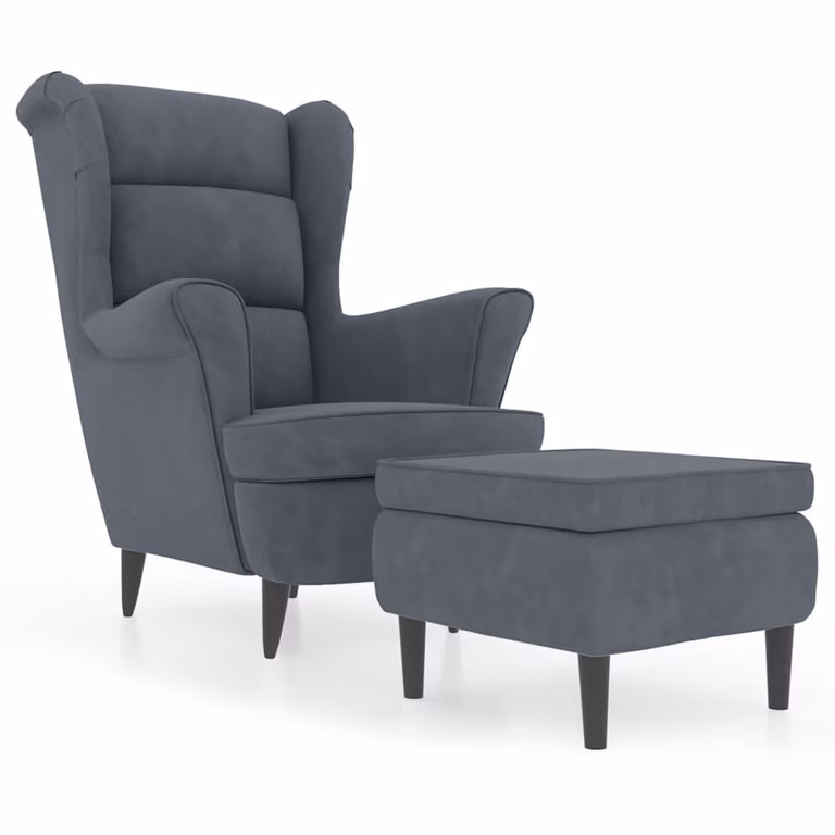 Sillón orejero con taburete vidaXL de terciopelo gris oscuro y estructura de madera