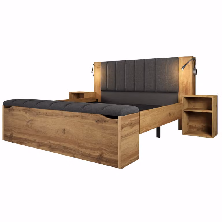 Conjunto de dormitorio Urban Meuble con cama de 160x200 cm efecto roble, cabecero abatible con luz de lectura y puerto USB, 2 mesitas y banco en color marrón