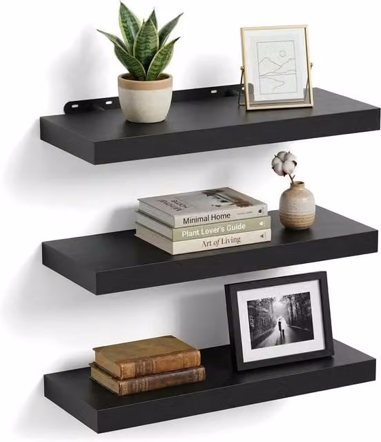 Set de 3 estanterías de pared Relaxdays en color negro con acabado efecto madera, fabricadas en MDF y metal, ideales para salón, dormitorio, cocina o recibidor, An/P/Al: 40 x 23 x 4 cm