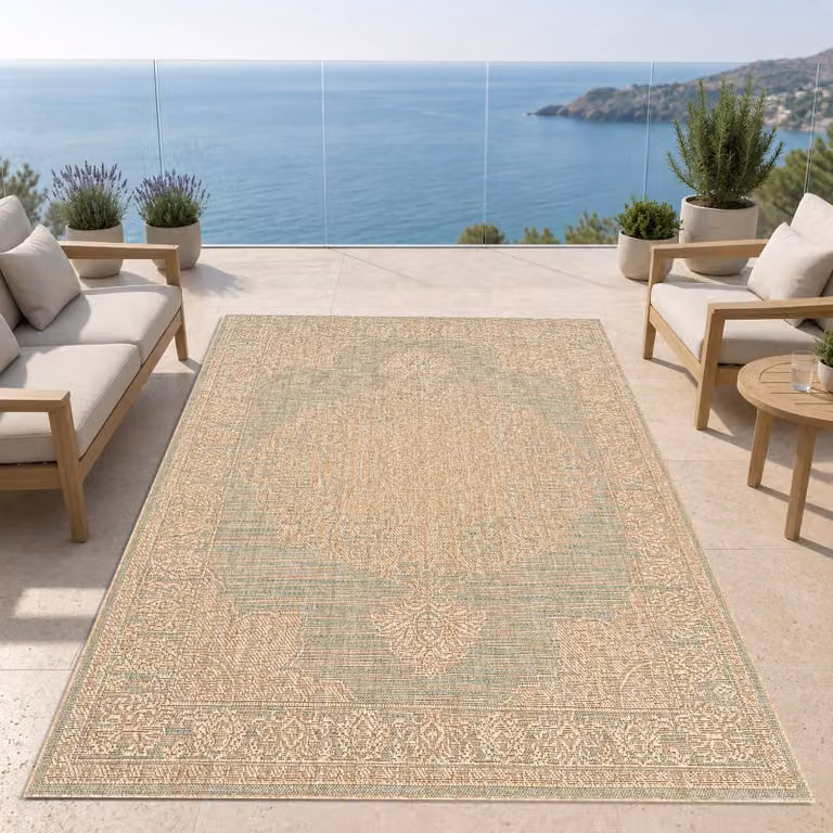 Alfombra redonda Teppich-Traum con diseño ornamental en verde y marrón, Diámetro: 140 cm