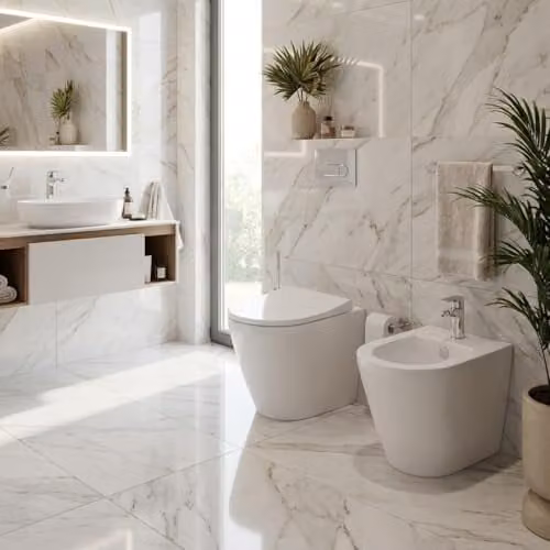 Set de inodoro y bidé de cerámica Vitra Integra Round color blanco con asiento softclose y diseño de filomuro An/P/Al: 54 x 40 x 54 cm