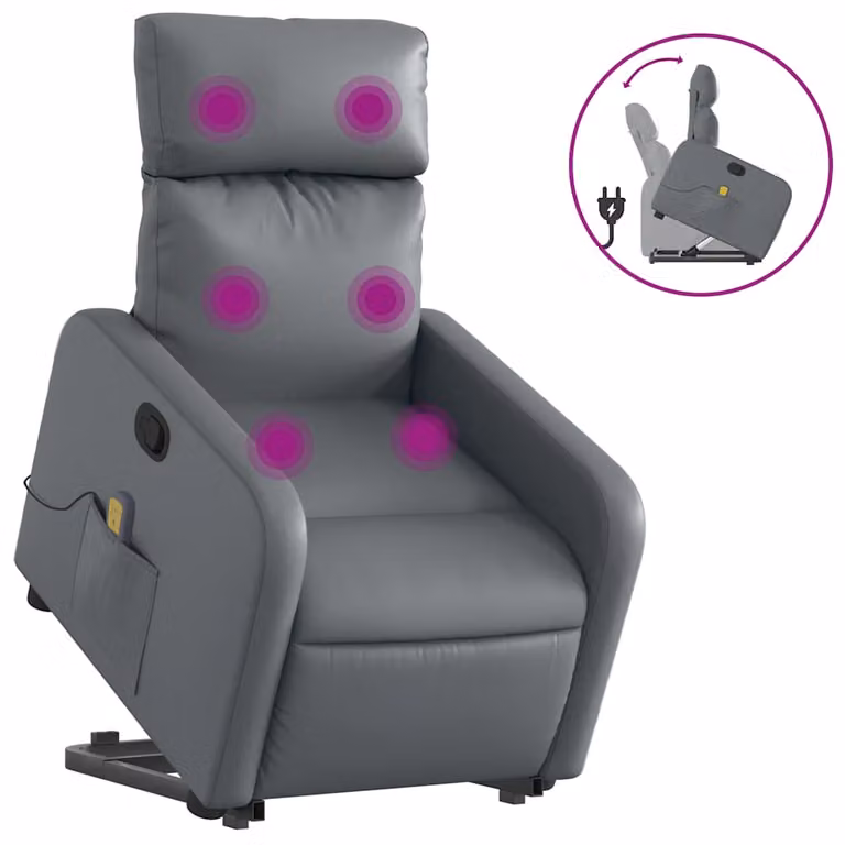Sillón reclinable de masaje vidaXL en cuero artificial gris con reposabrazos y diseño moderno