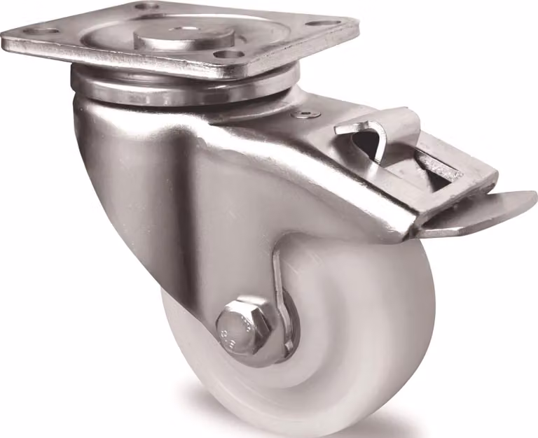 Rueda giratoria con freno TECWERK de alta capacidad, diámetro 100 mm, carga 500 kg, base de plástico blanca, An/P/Al: 100 x 85 mm