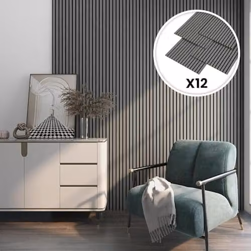 Set de 12 paneles de pared acústicos Vang de NEU.HOLZ en MDF y fieltro, diseño de listones decorativos en roble gris claro, An/P/Al: 120 x 60 x 2 cm
