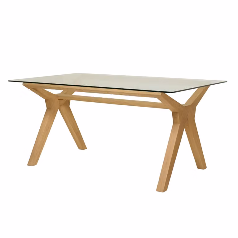 Mesa de comedor rectangular Wabi Home de madera marrón y cristal transparente con estructura en X