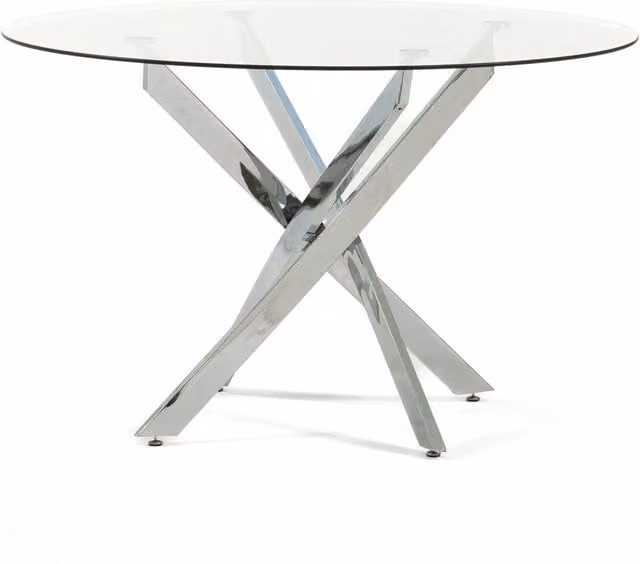 Mesa redonda moderna con tablero de vidrio transparente y patas de metal plateado de 120 cm de diámetro