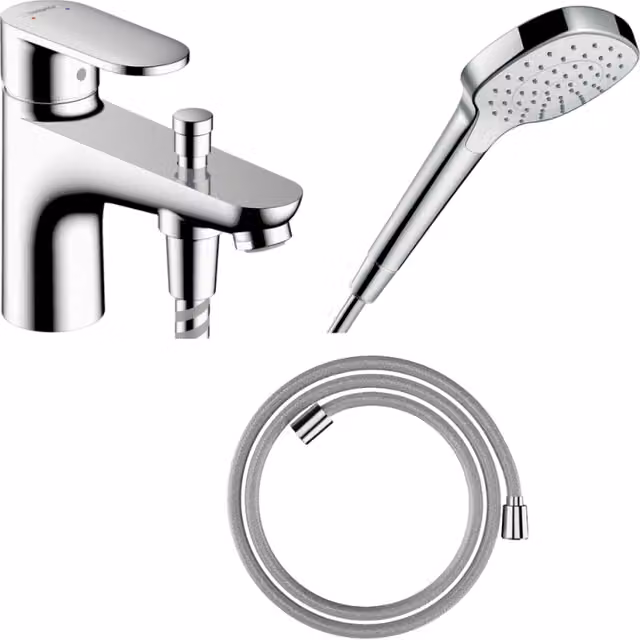 Conjunto de mezclador mecánico para bañera y ducha Hansgrohe Blend C2 con cabezal Croma 110 y manguera Designflex en acabado cromado