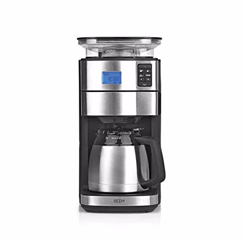 Cafetera de filtro Beem Fresh Aroma Perfect II con molinillo integrado, jarra térmica de acero inoxidable y temporizador, color negro y plata