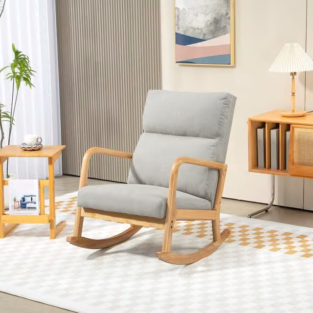 Mecedora HOMCOM tapizada en lino gris con patas de madera de caucho y reposabrazos