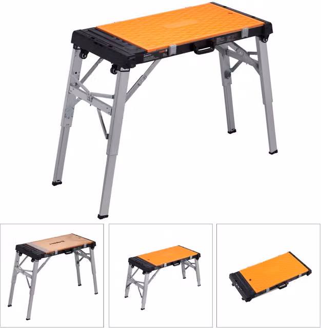 Banco de trabajo Meister plegable y ajustable con ruedas, color naranja