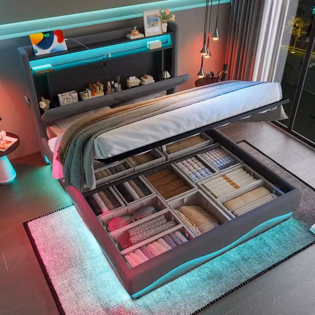 Cama Tapizada Moderna KELLANY en Gris con Cabecero con Estantes, Iluminación LED, Puertos USB y Canapé Elevable de 140 x 200 cm