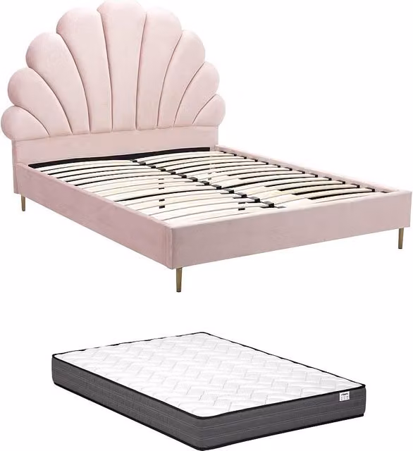 Cama con forma de concha Livaya en terciopelo rosa con colchón An/P/Al: 140 x 190 x 205 cm