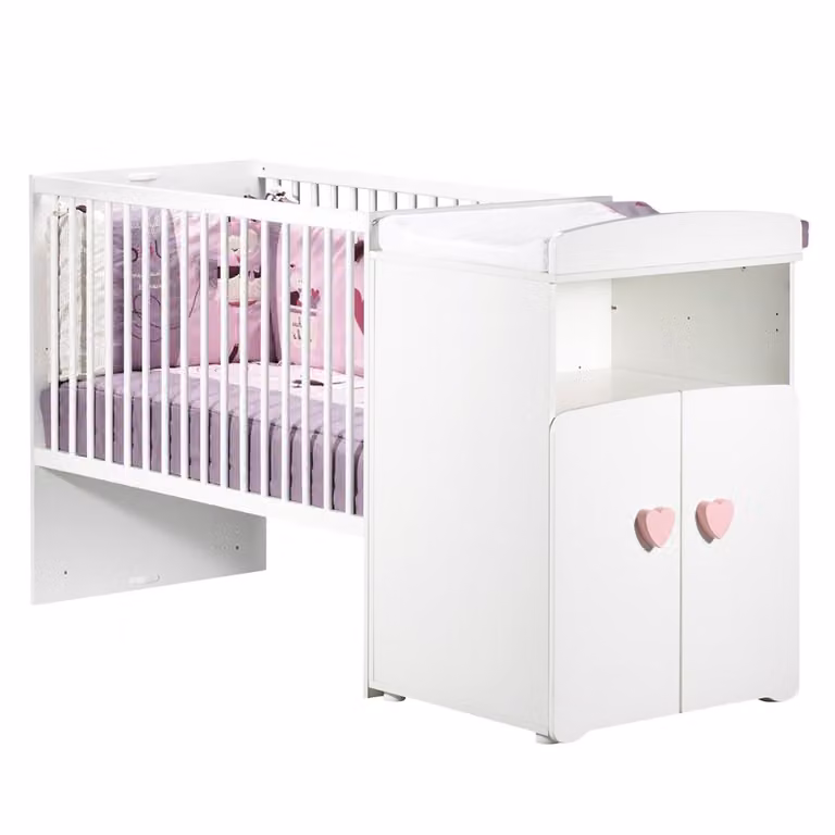 Cama convertible para bebés de Baby Price en madera lacada, disponible en blanco o rosa, An/P/Al: 120 x 60 x 90 cm o 190 x 90 cm