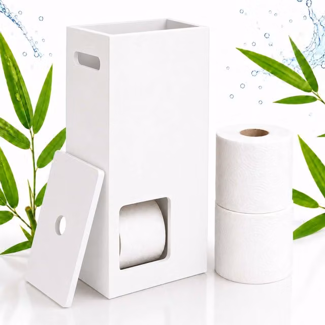 Portarrollos de reserva de pie Relaxdays para 8 rollos de papel higiénico, blanco, An/P/Al: 50 x 25 x 14 cm