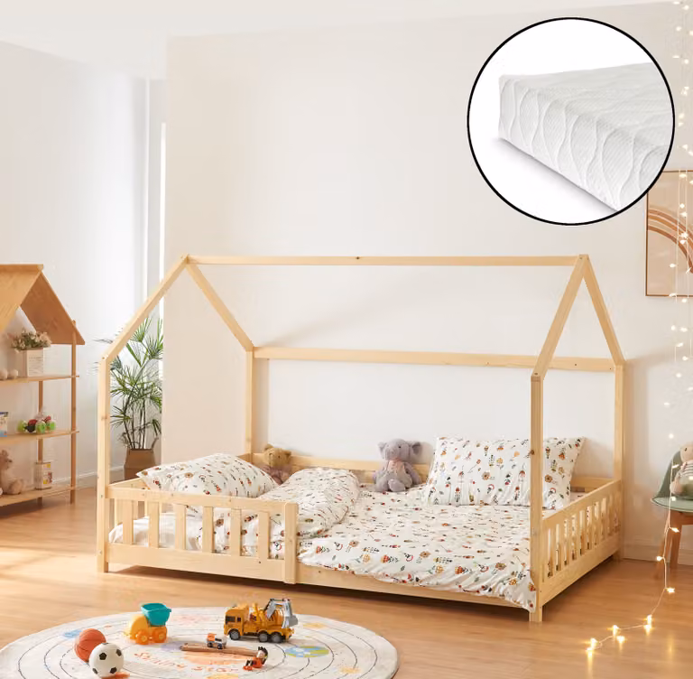 Cama infantil Hesel de en.casa en madera natural y blanco con protección anticaídas y somier, An/P/Al: 120 x 200 x 140 cm