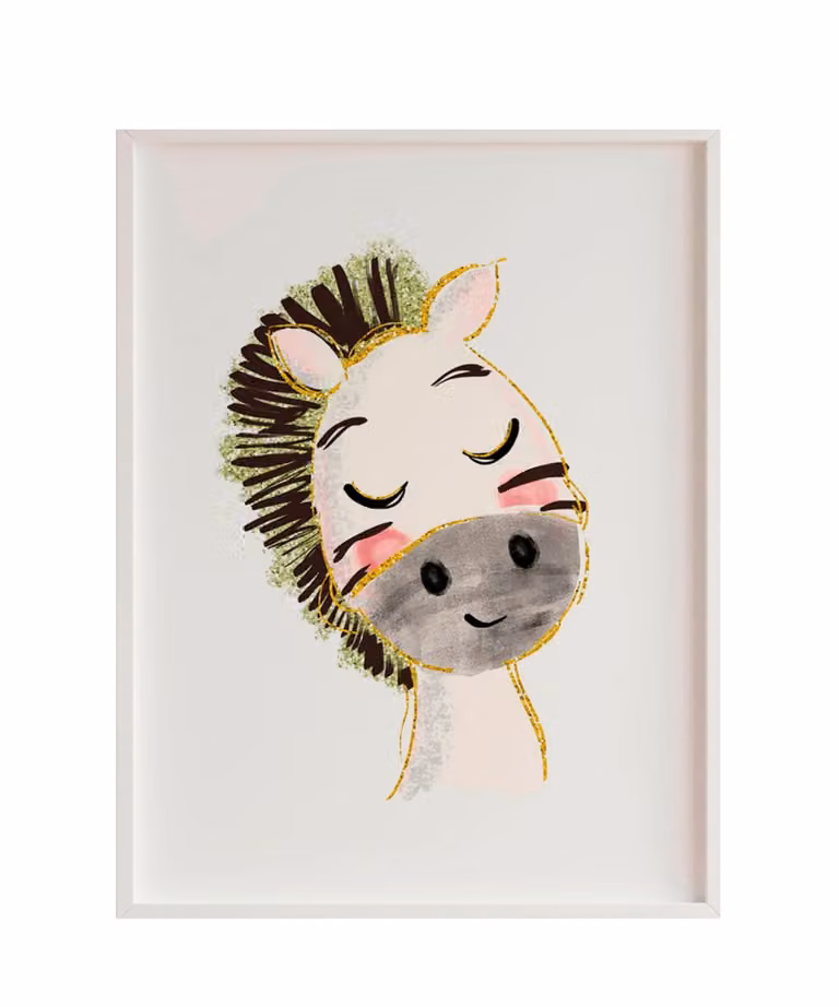 Lámina de ilustración con estampado de zebra enmarcada en madera blanca, An/P/Al: 43 x 33 cm