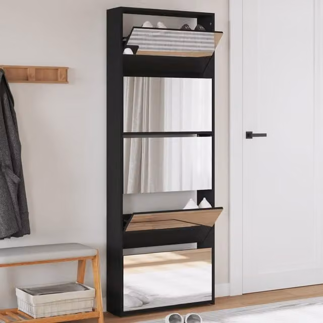 vidaXL Zapatero moderno con espejo y luz LED en color negro An/P/Al: 63 x 17 x 169,5 cm