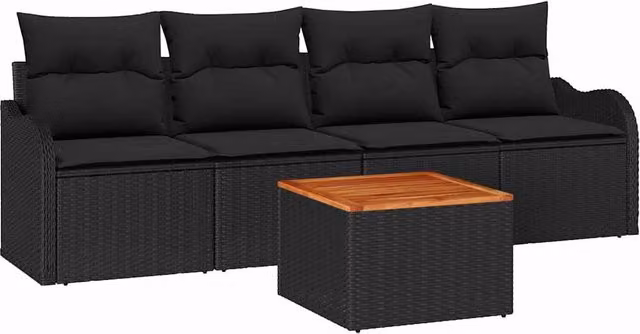 Conjunto de sofás de jardín SYFAX de 5 piezas en color negro con ratán sintético y cojines incluidos