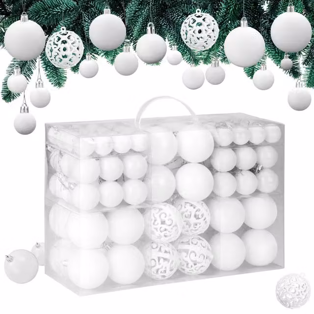 Set de 100 adornos navideños Casaria de bolas redondas en color blanco con acabados mate, brillante y purpurina