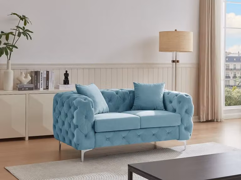 Sofá Chesterfield de 2 plazas Edwina de Vente-Unique en terciopelo azul, An/P/Al: 162 x 91 x 76 cm