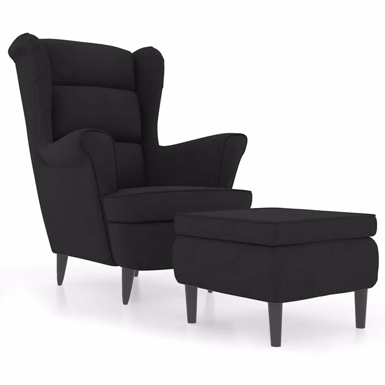Sillón orejero con taburete vidaXL de terciopelo azul y estructura de madera de estilo clásico