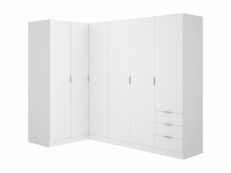 Armario de esquina LISTOWEL de 6 puertas y 3 cajones en color blanco mate para dormitorio, An: 213 cm, Al: 184 cm, P: 53 cm