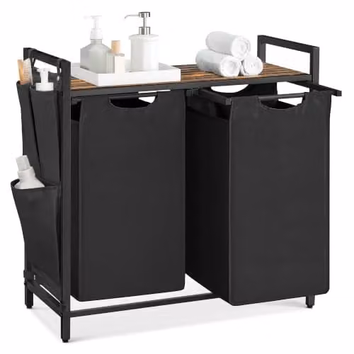 VASAGLE Cesto doble para ropa sucia con estante, 92 L, negro, An/P/Al: 73 x 33 x 72 cm