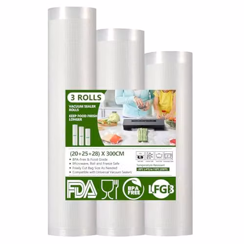 Rollos de bolsas para vacío de alimentos Diboniur, transparentes, pack de 3 unidades con medidas de 28 x 300 cm, 25 x 300 cm y 20 x 300 cm
