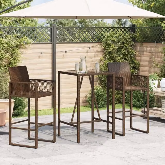Mesa de bar para exterior SYFAX de ratán sintético y cristal marrón An/P/Al: 70 x 70 x 110 cm