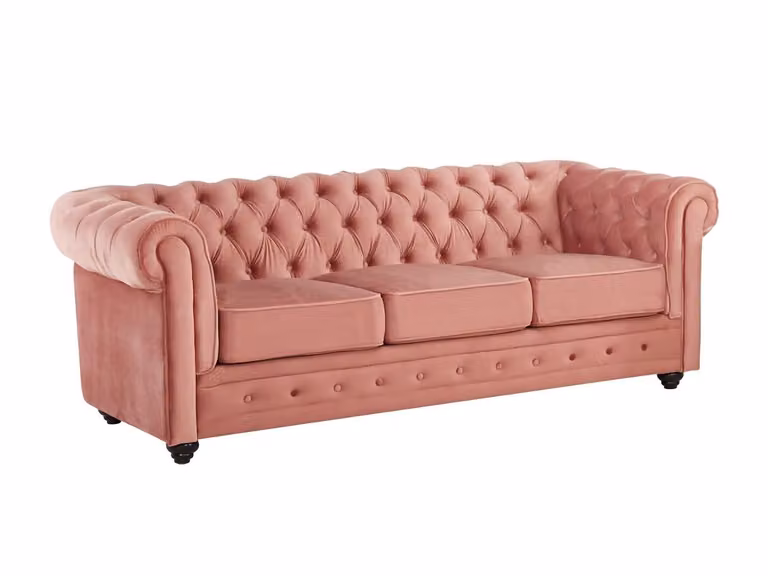 Sofá Chesterfield de 3 plazas de VENTE-UNIQUE en terciopelo rosa con estructura de madera sólida