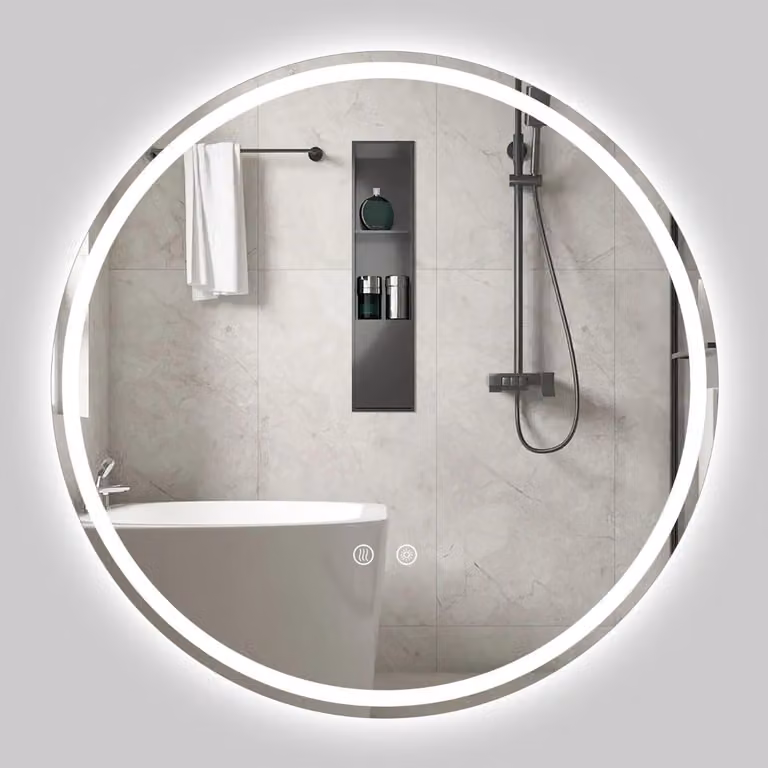 Espejo de baño redondo Northix con iluminación LED regulable y sensor táctil, color plata, Diámetro: 80 cm
