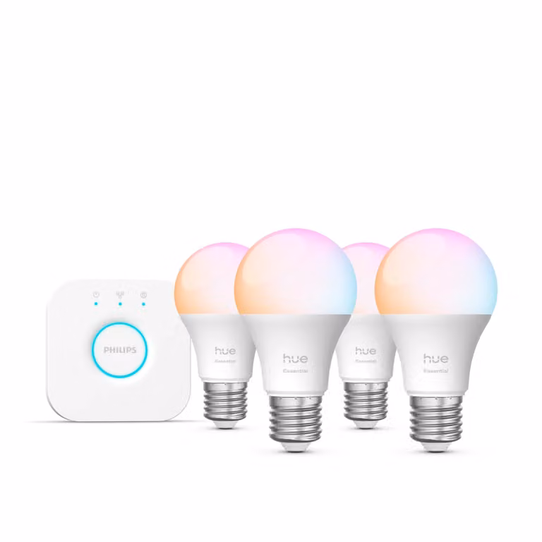 Philips Hue Starter Kit Essential White & Color Ambiance con 4 bombillas inteligentes LED E27 regulables y controlador multicolor