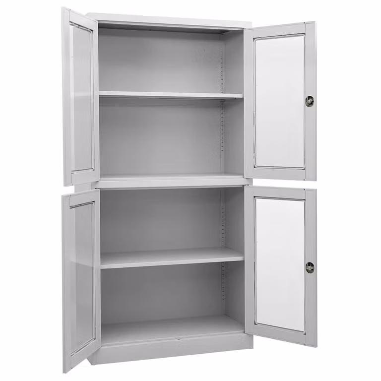 Armario de oficina vidaXL con puertas de vidrio templado y estantes ajustables, acero y metal, color gris claro, An: 90 cm, P: 40 cm, Al: 180 cm