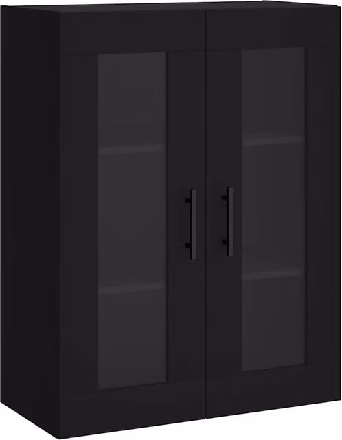 Armario de pared moderno HELLOSHOP26 con puertas de cristal y estantes internos en madera negra y marrón, An/P/Al: 69,5 x 34 x 90 cm