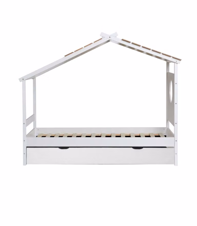 Cama cabaña con cama de arrastre MueMue de madera de pino en color blanco An/P/Al: 90 x 190 cm