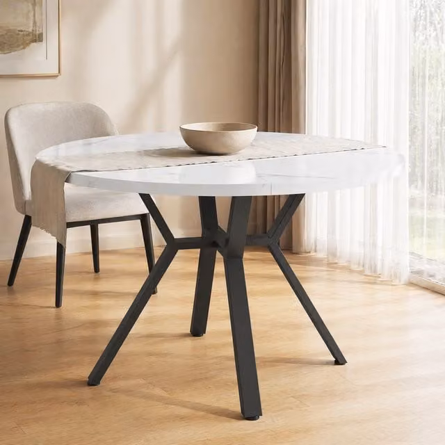 Mesa de comedor redonda BEAOK con tablero de MDF laminado y patas de metal en blanco y negro