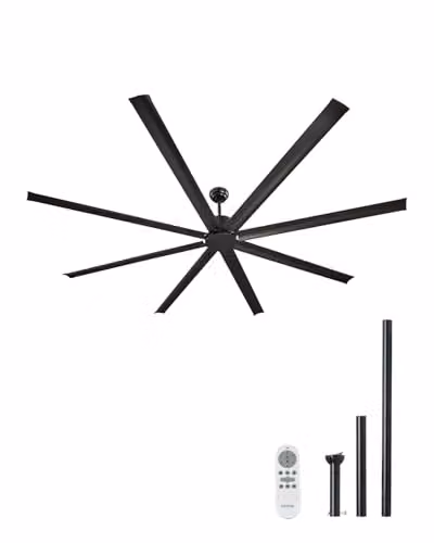 Ventilador de techo VEVOR moderno sin luz con mando a distancia, 8 aspas de aluminio, motor DC reversible y 6 velocidades, color negro, Diámetro: 243 cm