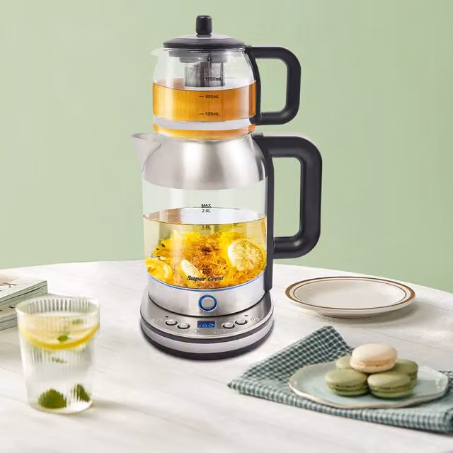 Hervidor Eléctrico de Té SANBOUSI con Filtro, Control de Temperatura y Apagado Automático, Acero Inoxidable y Cristal, Negro, Plata y Transparente