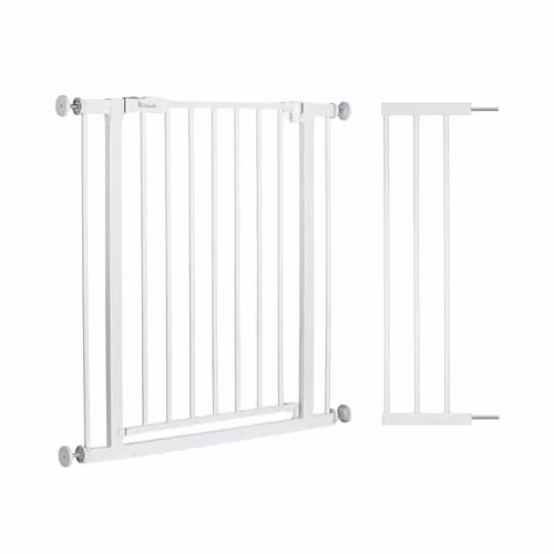 Barrera de seguridad para bebés Hauck con extensión de 21 cm, sin taladrar, puerta de vaivén, color blanco
