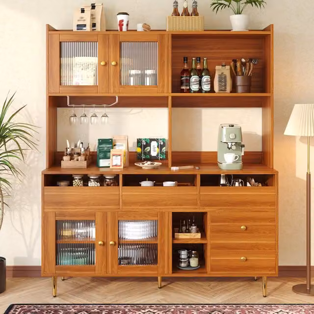 Aparador alto MODENVIE marrón con puertas de vidrio, botellero y cajones para cocina o comedor, An/P/Al: 145 x 39 x 171 cm