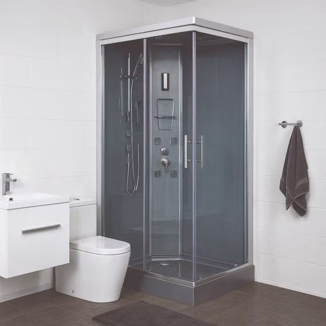 Cabina de ducha de hidromasaje Ondee Sery en color cromo y plata con puertas correderas de cristal transparente, incluye sistema de ducha con rociador de techo, alcachofa de mano, chorros de cuerpo y luz LED, An/P/Al: 120 x 80 x 222 cm